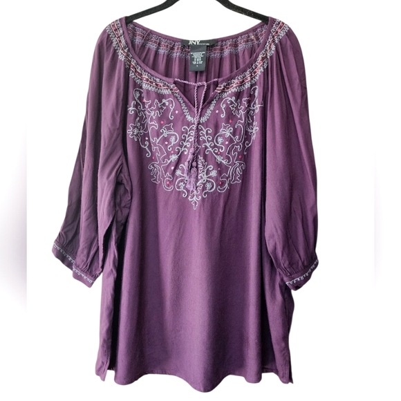 JONES NEW YORK plum purple peasant style embroidered blouse, size L - Picture 1 of 7